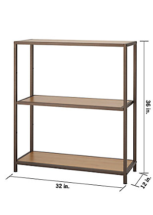 TRINITY's 3-Tier Bamboo Shelving Rack is decorative storage with a sturdy and functional design. The clean modern lines with bronze anthracite finish and natural bamboo colored shelves, makes this shelving rack perfect to blend with furniture and a variety of decors.  The shelf height can be customized in 8.3" increments to store items of all sizes.  Designed with an easy, no tool assembly.Bronze Anthracite® - Textured duo-tone finish with a modern touch for your indoor spaces | Solid bamboo boards | (2) - 30.3" x 12" bamboo shelves: 75 lb weight capacity per shelf | (1) - 30.3" x 12" adjustable bamboo shelf: 75 lb weight capacity per shelf | Weight capacity on feet levelers (evenly distributed): 225 lb total weight | Shelf adjustable in 8.3" increments | Easy, no tool assembly