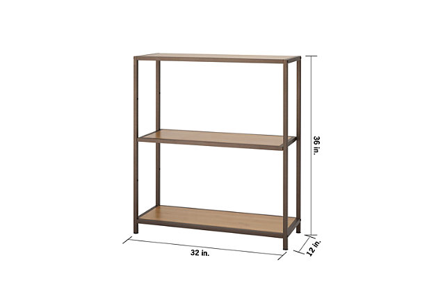 TRINITY's 3-Tier Bamboo Shelving Rack is decorative storage with a sturdy and functional design. The clean modern lines with bronze anthracite finish and natural bamboo colored shelves, makes this shelving rack perfect to blend with furniture and a variety of decors.  The shelf height can be customized in 8.3" increments to store items of all sizes.  Designed with an easy, no tool assembly.Bronze Anthracite® - Textured duo-tone finish with a modern touch for your indoor spaces | Solid bamboo boards | (2) - 30.3" x 12" bamboo shelves: 75 lb weight capacity per shelf | (1) - 30.3" x 12" adjustable bamboo shelf: 75 lb weight capacity per shelf | Weight capacity on feet levelers (evenly distributed): 225 lb total weight | Shelf adjustable in 8.3" increments | Easy, no tool assembly