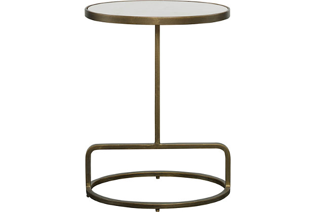 Showcasing a clean-lined design, the Jessenia accent table features an inset oval-shaped honed white marble top. With a hand-forged iron base finished in a stylish antiqued brushed goldtone, this modern masterpiece is the perfect finishing touch for your contemporary home.Made with iron and marble | White, oval-shaped honed top | Hand-forged base | Base with antiqued brushed goldtone finish