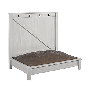 Give your fur-baby a comfortable spot to relax with the Ollie & Hutch Farmington Dog Bed. The off-white woodgrain finish on the laminated hollow core and particleboard gives the Dog Bed a stylish rustic design. The included foam cushion will give your dog the perfect spot to take a nap. The removable microfiber cushion cover can easily be washed to remove dirt and smells. The 4 hooks on the back panel will give you a place to hang leashes, collars, and treat bags so you can quickly go from nap time to wal. The Dog Bed ships flat to your door and requires assembly upon opening. Two adults are recommended to assemble. Once assembled, the Dog Bed measures to be 36.38”H x 39.1”W x 27.4”D.Man and woman’s best friend deserves the ollie & hutch farmington dog bed to relax and sleep | Made of sturdy laminated hollow core and particleboard, the off-white woodgrain finish adds a modern farmhouse feel | Your dog will enjoy long naps on the included foam cushion with removable and washable cover | Hang leashes & collars on the 4 hooks | The dog bed ships flat to your door and 2 adults are recommended to assemble. The bed can support up to 50 lbs. Assembled dimensions: 36.38”h x 39.1”w x 27.4”d | Ollie & hutch warrants this product to be free from defects and agrees to remedy any such defect. This warranty covers one year from the date of original purchase