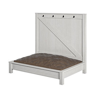 Give your fur-baby a comfortable spot to relax with the Ollie & Hutch Farmington Dog Bed. The off-white woodgrain finish on the laminated hollow core and particleboard gives the Dog Bed a stylish rustic design. The included foam cushion will give your dog the perfect spot to take a nap. The removable microfiber cushion cover can easily be washed to remove dirt and smells. The 4 hooks on the back panel will give you a place to hang leashes, collars, and treat bags so you can quickly go from nap time to walking. The Dog Bed ships flat to your door and requires assembly upon opening. Two adults are recommended to assemble. Once assembled, the Dog Bed measures to be 36.38”H x 39.1”W x 27.4”D.Man and woman’s best friend deserves the ollie & hutch farmington dog bed to relax and sleep | Made of sturdy laminated hollow core and particleboard, the off-white woodgrain finish adds a modern farmhouse feel | Your dog will enjoy long naps on the included foam cushion with removable and washable cover | Hang leashes & collars on the 4 hooks | The dog bed ships flat to your door and 2 adults are recommended to assemble. The bed can support up to 50 lbs. Assembled dimensions: 36.38”h x 39.1”w x 27.4”d | Ollie & hutch warrants this product to be free from defects and agrees to remedy any such defect. This warranty covers one year from the date of original purchase
