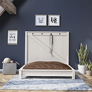 Give your fur-baby a comfortable spot to relax with the Ollie & Hutch Farmington Dog Bed. The off-white woodgrain finish on the laminated hollow core and particleboard gives the Dog Bed a stylish rustic design. The included foam cushion will give your dog the perfect spot to take a nap. The removable microfiber cushion cover can easily be washed to remove dirt and smells. The 4 hooks on the back panel will give you a place to hang leashes, collars, and treat bags so you can quickly go from nap time to wal. The Dog Bed ships flat to your door and requires assembly upon opening. Two adults are recommended to assemble. Once assembled, the Dog Bed measures to be 36.38”H x 39.1”W x 27.4”D.Man and woman’s best friend deserves the ollie & hutch farmington dog bed to relax and sleep | Made of sturdy laminated hollow core and particleboard, the off-white woodgrain finish adds a modern farmhouse feel | Your dog will enjoy long naps on the included foam cushion with removable and washable cover | Hang leashes & collars on the 4 hooks | The dog bed ships flat to your door and 2 adults are recommended to assemble. The bed can support up to 50 lbs. Assembled dimensions: 36.38”h x 39.1”w x 27.4”d | Ollie & hutch warrants this product to be free from defects and agrees to remedy any such defect. This warranty covers one year from the date of original purchase