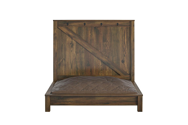 Give your fur-baby a comfortable spot to relax with the Ollie & Hutch Farmington Dog Bed. The weathered medium brown woodgrain finish on the laminated hollow core and particleboard gives the Dog Bed a stylish rustic design. The included foam cushion will give your dog the perfect spot to take a nap. The removable microfiber cushion cover can easily be washed to remove dirt and smells. The 4 hooks on the back panel will give you a place to hang leashes, collars, and treat bags so you can quickly go from nap time to walking. The Dog Bed ships flat to your door and requires assembly upon opening. Two adults are recommended to assemble. Once assembled, the Dog Bed measures to be 36.38”H x 39.1”W x 27.4”D.Man and woman’s best friend deserves the ollie & hutch farmington dog bed to relax and sleep | Made of sturdy laminated hollow core and particleboard, the weathered medium brown woodgrain finish adds a rustic farmhouse feel | Your dog will enjoy long naps on the included foam cushion with removable and washable cover | Hang leashes & collars on the 4 hooks | The dog bed ships flat to your door and 2 adults are recommended to assemble. The bed can support up to 50 lbs. Assembled dimensions: 36.38”h x 39.1”w x 27.4”d | Ollie & hutch warrants this product to be free from defects and agrees to remedy any such defect. This warranty covers one year from the date of original purchase
