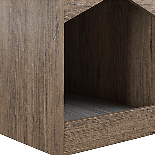 Your feline friend will have their own spot to lounge around all day with the Ollie & Hutch Roscoe Cat House End Table. Made of laminated particleboard, the medium brown woodgrain finish will look great with any style and features a gray microfiber cushion so your cat can snooze away right by your side. The End Table offers an open cubby for you to organize electronics and reading material. The tabletop is perfect for a reading lamp and to hold snacks and electronics while watching your favorite shows and movies. The Cat House End Table ships flat to your door and requires assembly upon opening. Two adults are recommended to assemble. Once assembled, the End Table measures to be 24.06”H x 15.79”W x 20.04”D.Give your cat the perfect spot for a cat nap with the ollie & hutch roscoe cat house end table | Made of laminated particleboard with a medium brown woodgrain finish, the end table offers a gray microfiber cushion | The open cubby and tabletop can organize all of your electronics, reading material, and snacks | The cat house end table ships flat to your door and 2 adults are recommended to assemble. The tabletop and cat house can each hold 50 lbs. While the cubby can hold 20 lbs. Assembled dimensions: 24.06”h x 15.79”w x 20.04”d | 1 year limited warranty is included