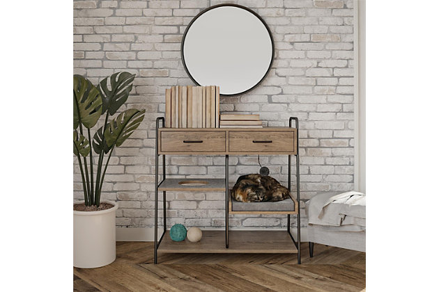 Your feline friend will have their own spot to lounge around and play all day with the Ollie & Hutch O’Malley Accent Table with Cat Bed. Made of laminated particleboard, the medium brown woodgrain finish will look great with any style and features a gray microfiber cushion so your cat can snooze away right by your side. The Accent Table offers 4 lower shelves complete with a cat bed and a play shelf so your cat can be entertained while your living space will look stylish. The 2 fabric drawers are perfect for storing away electronics, stationary, and remotes. The tabletop provides plenty of space to display family photos and decor. The Accent Table ships flat to your door and requires assembly upon opening. Two adults are recommended to assemble. Once assembled, the Accent Table measures to be 31.55”H x 31.37”W x 15.5”D.Give your cat the perfect spot for a cat nap with the ollie & hutch o’malley accent table with cat bed | Made of laminated particleboard with a medium brown woodgrain finish, the accent table offers a gray microfiber cushion and a play shelf | Two fabric drawers provide concealed storage while 2 open lower shelves and tabletop allows you to display family photos and decorations | The accent table ships flat to your door and 2 adults are recommended to assemble. The tabletop can hold up to 50 lbs. The 2 cat shelves can each hold 20 lbs. While the 2 lower shelves hold 30 lbs. Each. The 2 drawers can each hold 15 lbs. Assembled dimensions: 31.55”h x 31.37”w x 15.5”d | 1 year limited warranty is included