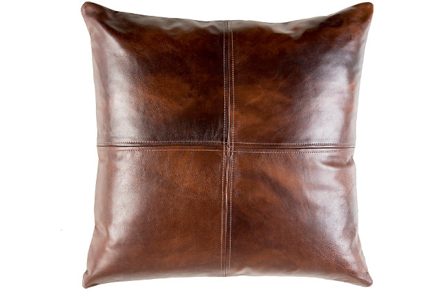 Embodying time-honored designs that have been revered for generations, the sheffield collection redefines vintage charm from room to room within any home decor. The leather construction of these pieces offer versatility and rustic vibes with clean design that will effortlessly find its place in your decor space. Made with leather, microsuede in india, spot clean only, line dry. Manufacturers 30-day limited warranty.Farmhouse | Indoor | Front: 100% leather, back: 100% microsuede | Soft polyfill | Spot clean only | Line dry | Manufacturers 30-day limited warranty | Imported