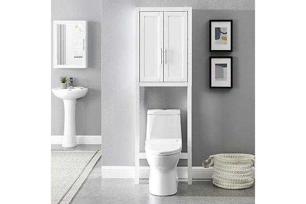 The savannah space saver offers classic over-the-toilet storage with a sleek transitional style. Designed to fit over most standard-sized toilets, this free-standing unit features a large cabinet with two adjustable shelves. Ideal for toiletries and hand towels, the savannah space saver is a clever solution for bathroom organization.Transitional design | White finish | Genuine metal hardware in a brushed nickel finish | Spacious cabinet storage with two adjustable shelves | Cabinet doors have magnetic closures | Shaker-style recessed paneling on cabinet doors | Notched back accommodates most baseboards allowing the unit to fit flush against the wall | Pairs well with modern, minimalist, traditional, and farmhouse decor