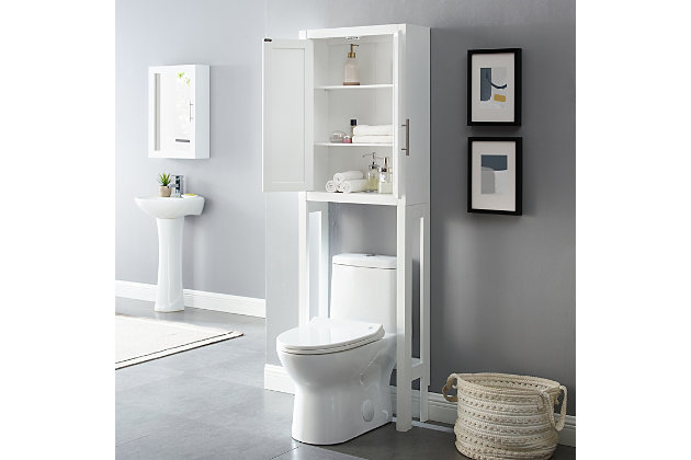 The savannah space saver offers classic over-the-toilet storage with a sleek transitional style. Designed to fit over most standard-sized toilets, this free-standing unit features a large cabinet with two adjustable shelves. Ideal for toiletries and hand towels, the savannah space saver is a clever solution for bathroom organization.Transitional design | White finish | Genuine metal hardware in a brushed nickel finish | Spacious cabinet storage with two adjustable shelves | Cabinet doors have magnetic closures | Shaker-style recessed paneling on cabinet doors | Notched back accommodates most baseboards allowing the unit to fit flush against the wall | Pairs well with modern, minimalist, traditional, and farmhouse decor