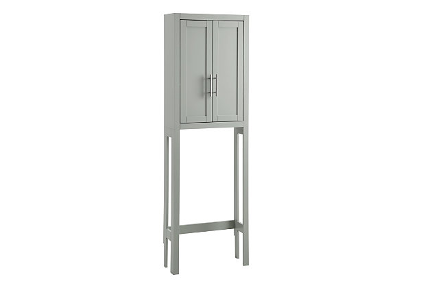 The savannah space saver offers classic over-the-toilet storage with a sleek transitional style. Designed to fit over most standard-sized toilets, this free-standing unit features a large cabinet with two adjustable shelves. Ideal for toiletries and hand towels, the savannah space saver is a clever solution for bathroom organization.Transitional design | Gray finish | Genuine metal hardware in a brushed nickel finish | Spacious cabinet storage with two adjustable shelves | Cabinet doors have magnetic closures | Shaker-style recessed paneling on cabinet doors | Notched back accommodates most baseboards allowing the unit to fit flush against the wall | Pairs well with modern, minimalist, traditional, and farmhouse decor