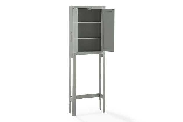 The savannah space saver offers classic over-the-toilet storage with a sleek transitional style. Designed to fit over most standard-sized toilets, this free-standing unit features a large cabinet with two adjustable shelves. Ideal for toiletries and hand towels, the savannah space saver is a clever solution for bathroom organization.Transitional design | Gray finish | Genuine metal hardware in a brushed nickel finish | Spacious cabinet storage with two adjustable shelves | Cabinet doors have magnetic closures | Shaker-style recessed paneling on cabinet doors | Notched back accommodates most baseboards allowing the unit to fit flush against the wall | Pairs well with modern, minimalist, traditional, and farmhouse decor