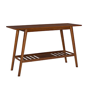 Revive midcentury style with the Charlotte console table. Sleek lined design is finished in a rich brown that’s sure to warm up your space. Flared legs are simply iconic. Make your fashion statement by decorating the spacious top along with bottom shelf.Made of rubberwood, solid wood, engineered wood and birch veneers | 1 bottom shelf | Spot clean; wipe with a damp cloth | Assembly required