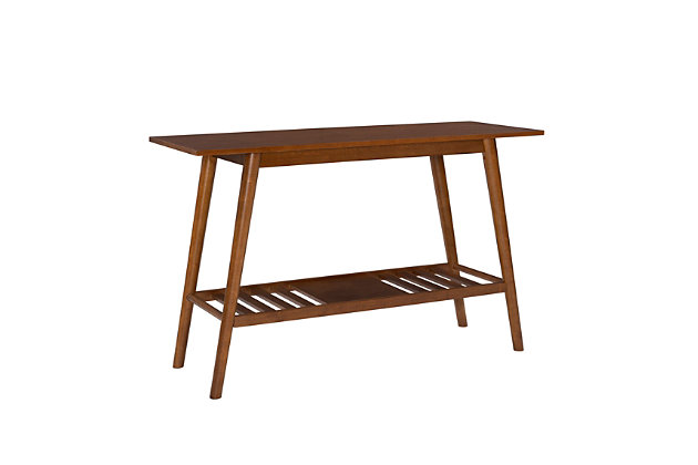 Revive midcentury style with the Charlotte console table. Sleek lined design is finished in a rich brown that’s sure to warm up your space. Flared legs are simply iconic. Make your fashion statement by decorating the spacious top along with bottom shelf.Made of rubberwood, solid wood, engineered wood and birch veneers | 1 bottom shelf | Spot clean; wipe with a damp cloth | Assembly required