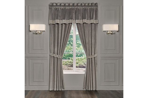 The Belvedere straight window valance is exquisite with its fine details and traditional elegance. This classic tailored-style valance is trimmed with a beautiful velvet diamond woven design. Its top detail of solid velvet has a luxury soft touch. The 3-inch header and 3-inch rod pocket make it easy to hang. Pair this lined valance with the Belvedere window panels and bedding set by J. Queen New York for a stunning complement to any room.Made of 100% polyester | 3-inch header; 3-inch rod pocket | Made with design house-quality fabric and craftsmanship | Timeless take on traditional patterns with an updated color palette | Finished size 20" x 88" | Lined | Imported