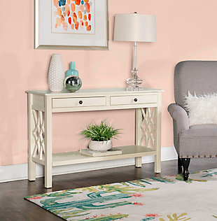 The Whitley console table is sure to brighten up your space with charm. Antique white finish punctuates the piece with vintage-inspired ambience. Geometric design adds style to the sides. Drawers are great for storing essentials while the bottom shelf puts your decor on display. This console table blends seamlessly into your home.Made of pine wood and engineered wood | 2 drawers | 1 bottom shelf | Spot clean; wipe with a damp cloth | Assembly required