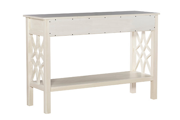 The Whitley console table is sure to brighten up your space with charm. Antique white finish punctuates the piece with vintage-inspired ambience. Geometric design adds style to the sides. Drawers are great for storing essentials while the bottom shelf puts your decor on display. This console table blends seamlessly into your home.Made of pine wood and engineered wood | 2 drawers | 1 bottom shelf | Spot clean; wipe with a damp cloth | Assembly required