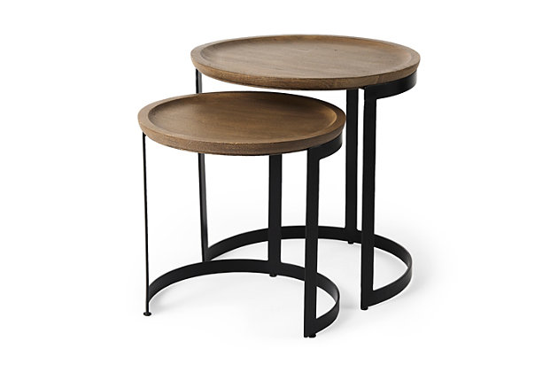Modern Nest of 2 Tables Black Metal Round Tray Table-Top Base Twins