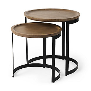 Mercana Aisley Light Brown Wood with Black Metal Base Round Nesting Side Tables (Set of 2), , large