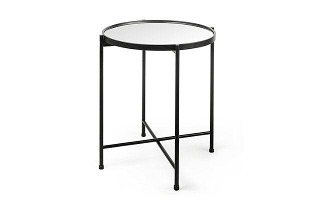 No need for fancy adornments—the Samantha table makes a strong statement with its minimalist design. Its clean-lined, smooth black metal finish, crisscross base and round mirrored top combine to make the perfect modern accent table, sturdy in construction and beautiful in design.Metal frame with mirrored top | Minimalist design is perfect for simplistic spaces with a modern edge | Clean-lined, smooth black metal finish, crisscross base and round mirrored top | Sturdy construction and beautiful design | No assembly required