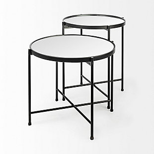 No need for fancy adornments—the Samantha table makes a strong statement with its minimalist design. Its clean-lined, smooth black metal finish, crisscross base and round mirrored top combine to make the perfect modern accent table, sturdy in construction and beautiful in design.Metal frame with mirrored top | Minimalist design is perfect for simplistic spaces with a modern edge | Clean-lined, smooth black metal finish, crisscross base and round mirrored top | Sturdy construction and beautiful design | No assembly required