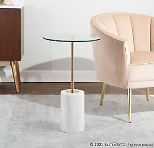 A mix of marble and metal creates a contemporary look that will fit any room. The Symbol Side Table by Lumisource is the perfect size for smaller spaces. With a clear glass top and white marble base, the Symbol Side Table will look great next to any sofa, accent chair, or even in a bedroom.Contemporary styling | Fixed height | Clear glass top | Sleek gold finish | White marble base