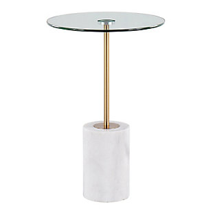 A mix of marble and metal creates a contemporary look that will fit any room. The Symbol Side Table by Lumisource is the perfect size for smaller spaces. With a clear glass top and white marble base, the Symbol Side Table will look great next to any sofa, accent chair, or even in a bedroom.Contemporary styling | Fixed height | Clear glass top | Sleek gold finish | White marble base