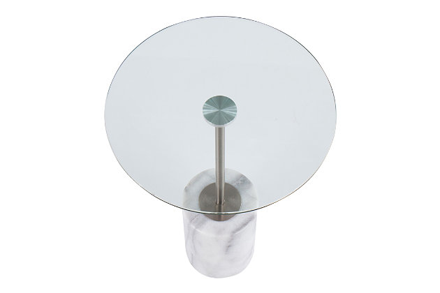 A mix of marble and metal creates a contemporary look that will fit any room. The Symbol Side Table by Lumisource is the perfect size for smaller spaces. With a clear glass top, a Nickle frame finish, and a white marble base, the Symbol Side Table will look great next to any sofa, accent chair, or even in a bedroom.Contemporary styling | Fixed height | Brushed nickel finish | Clear glass top | White marble base