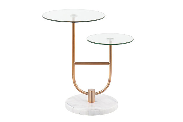A chic mix of materials creates a contemporary look that will fit any room. The Trombone Side Table by Lumisource is the perfect size for smaller spaces. With a metal frame, a tiered table top design, and a marble base, the Trombone Side Table will look great next to any sofa or accent chair.Glam styling | Tiered design | Round glass tops | Metal frame | Marble base