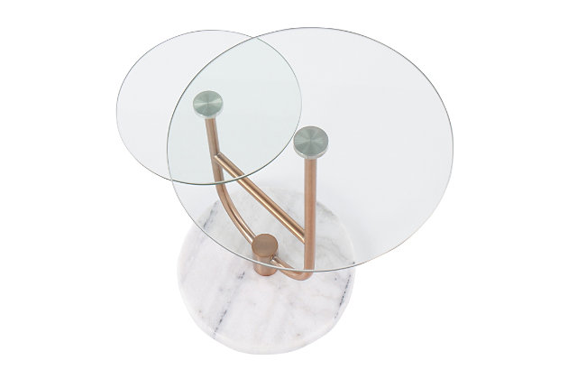 A chic mix of materials creates a contemporary look that will fit any room. The Trombone Side Table by Lumisource is the perfect size for smaller spaces. With a metal frame, a tiered table top design, and a marble base, the Trombone Side Table will look great next to any sofa or accent chair.Glam styling | Tiered design | Round glass tops | Metal frame | Marble base