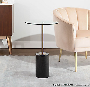 A mix of marble and metal creates a contemporary look that will fit any room. The Symbol Side Table by Lumisource is the perfect size for smaller spaces. With a clear glass top, a gold metal frame, and black marble base, the Symbol Side Table will look great next to any sofa, accent chair, or even in a bedroom.Contemporary styling | Fixed height | Clear glass top | Sleek gold finish | Black marble base