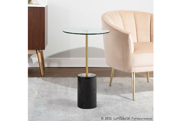 A mix of marble and metal creates a contemporary look that will fit any room. The Symbol Side Table by Lumisource is the perfect size for smaller spaces. With a clear glass top, a gold metal frame, and black marble base, the Symbol Side Table will look great next to any sofa, accent chair, or even in a bedroom.Contemporary styling | Fixed height | Clear glass top | Sleek gold finish | Black marble base