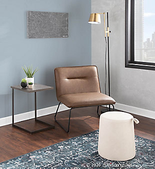 The Casper Accent Chair by LumiSource brings comfortable seating in a stylish and slim design to your home. This chair features a padded seat and back upholstered in sleek faux leather. Black metal sleigh legs provide durable support and contribute to the industrial style of the chair. Add as seating to your living room, bedroom, or office with this simple yet stylish chair. Available in a variety of upholstery colors, choose the one that fits your space the best.Industrial styling | Faux leather upholstery | Black metal legs | Tufted backrest | Foam padded seat and backrest for comfort