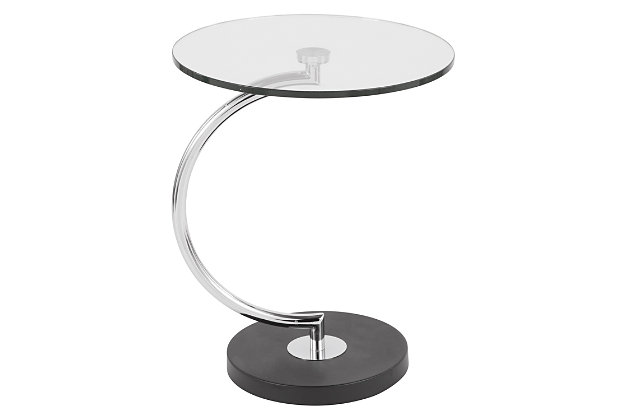 Sophisticated and unique, the “C" Table’s curvaceous design will be sure to turn heads. A  sleek chrome stem supports a glass table top and sits on a polished black base. Great for use as an end table or accent table.  Add a modern cosmopolitan style to your space by featuring this stylish design in your home.Contemporary styling | Tempered glass top | Marble base | Sturdy chrome stem | Sophisticated design