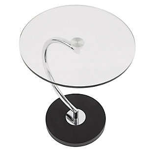 Sophisticated and unique, the “C" Table’s curvaceous design will be sure to turn heads. A  sleek chrome stem supports a glass table top and sits on a polished black base. Great for use as an end table or accent table.  Add a modern cosmopolitan style to your space by featuring this stylish design in your home.Contemporary styling | Tempered glass top | Marble base | Sturdy chrome stem | Sophisticated design