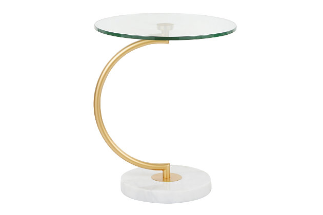 Sophisticated and unique, the C-Shaped Table's curvaceous design will be sure to turn heads. A sleek gold stem supports a glass table top and sits on a white marble base. Great for use as an end table or accent table. Add a modern cosmopolitan style to your space by featuring this stylish design in your home.Contemporary styling | Tempered glass top | Marble base | Sleek gold metal stem | Sophisticated design