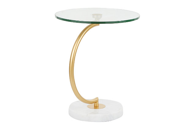 Sophisticated and unique, the C-Shaped Table's curvaceous design will be sure to turn heads. A sleek gold stem supports a glass table top and sits on a white marble base. Great for use as an end table or accent table. Add a modern cosmopolitan style to your space by featuring this stylish design in your home.Contemporary styling | Tempered glass top | Marble base | Sleek gold metal stem | Sophisticated design