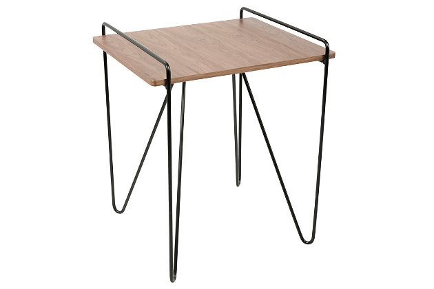 The Loft End Table features a simple industrial design at its best. Black metal hairpin legs maintain open sight lines and provide superior support. The simple lines of the wood top are still contemporary, but the rich tones provide an undertone of warmth. The open look will add contemporary flair next to any piece of furniture.Mid-century modern styling | Stylish hairpin legs | Rustic wood table top | Sturdy metal construction | Pair with the loft coffee table for a complete look!