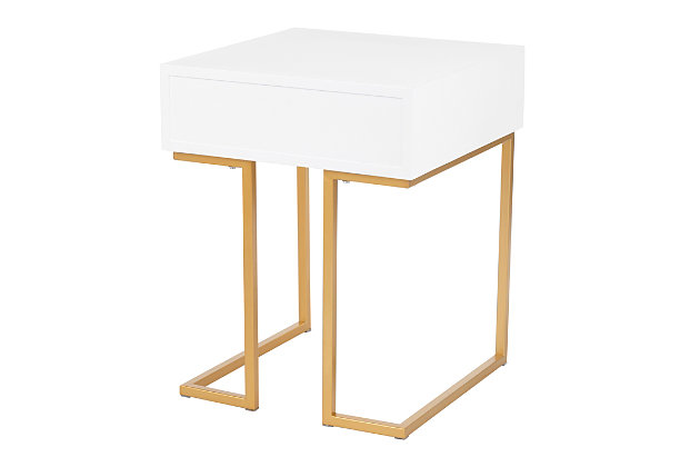 Glamorous and confidently contemporary, that's the Midas Side Table by LumiSource. Featuring a chunky geometric gold frame and elegant white wood, it's the optimal piece to slip beside a sofa or next to a bed. The handy drawer hides remote controls, journals, or other small necessities.Contemporary styling | Stylish white wood | Gold frame | Sturdy metal base | Pull out drawer for extra storage