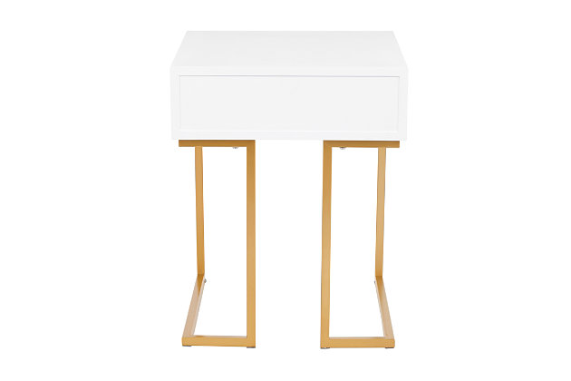 Glamorous and confidently contemporary, that's the Midas Side Table by LumiSource. Featuring a chunky geometric gold frame and elegant white wood, it's the optimal piece to slip beside a sofa or next to a bed. The handy drawer hides remote controls, journals, or other small necessities.Contemporary styling | Stylish white wood | Gold frame | Sturdy metal base | Pull out drawer for extra storage