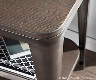 Fall in love the timeworn charm of the Oregon End Table by LumiSource. Made of metal and wood, the Oregon End Table was designed for style and durability. Perfect accent for any industrial-farmhouse inspired room. To complete the look, match with the other pieces in the Oregon Collection.Industrial styling | Wood-pressed gain bamboo table top | Sturdy metal legs | Added shelf for extra storage | Great for use in small spaces