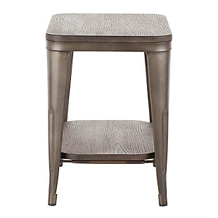 Fall in love the timeworn charm of the Oregon End Table by LumiSource. Made of metal and wood, the Oregon End Table was designed for style and durability. Perfect accent for any industrial-farmhouse inspired room. To complete the look, match with the other pieces in the Oregon Collection.Industrial styling | Wood-pressed gain bamboo table top | Sturdy metal legs | Added shelf for extra storage | Great for use in small spaces