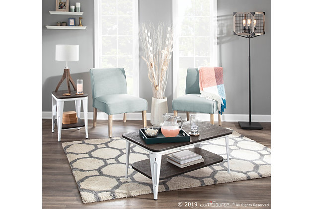 Fall in love the timeworn charm of the Oregon End Table by LumiSource. Made of metal and wood, the Oregon End Table was designed for style and durability. Perfect accent for any industrial-farmhouse inspired room. To complete the look, match with the other pieces in the Oregon Collection.Industrial/farmhouse styling | Wood-pressed grain bamboo table top | Sturdy metal legs | Added shelf for extra storage | Great for use in small spaces