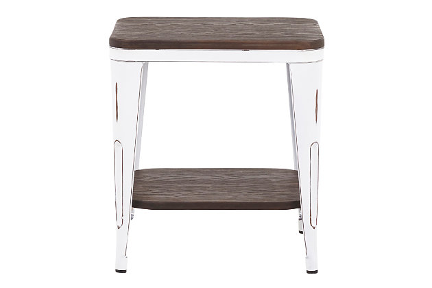 Fall in love the timeworn charm of the Oregon End Table by LumiSource. Made of metal and wood, the Oregon End Table was designed for style and durability. Perfect accent for any industrial-farmhouse inspired room. To complete the look, match with the other pieces in the Oregon Collection.Industrial/farmhouse styling | Wood-pressed grain bamboo table top | Sturdy metal legs | Added shelf for extra storage | Great for use in small spaces