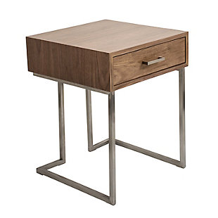 The clean, straight lines of the Roman end table make it the optimal piece to slip beside a sofa or next to a bed. The handy drawer hides remote controls, a journal and pen, or other small necessities. The brushed stainless steel frame adds a note of trendy, industrial design.Contemporary styling | Stylish walnut wood top | Sturdy stainless steel construction | Pull out drawer for extra storage | Unique design