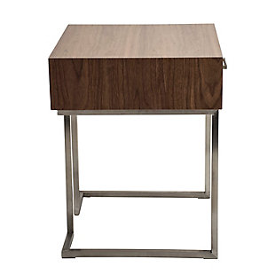The clean, straight lines of the Roman end table make it the optimal piece to slip beside a sofa or next to a bed. The handy drawer hides remote controls, a journal and pen, or other small necessities. The brushed stainless steel frame adds a note of trendy, industrial design.Contemporary styling | Stylish walnut wood top | Sturdy stainless steel construction | Pull out drawer for extra storage | Unique design