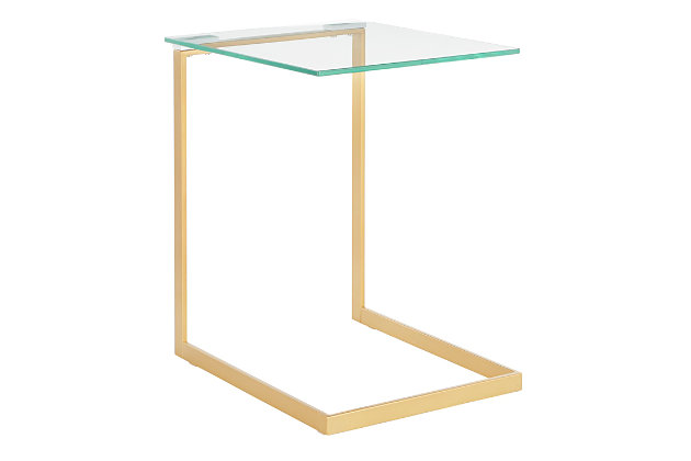 The Zenn End Table features a gracefully cantilevered tempered glass shelf on a gold metal frame. Blending beautifully into a variety of decors, you couldn't ask for more from such a stylish end table.Contemporary styling | Tempered glass top | Sleek gold frame finish | Lightweight and portable | Sophisticated design