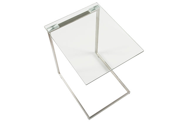 This end table features a gracefully cantilevered tempered glass shelf on a brushed stainless steel frame. Blending beautifully into a variety of decors, you couldn’t ask for more from such a stylish end table.Contemporary styling | Tempered glass top | Sturdy stainless steel construction | Lightweight and portable | Sophisticated design