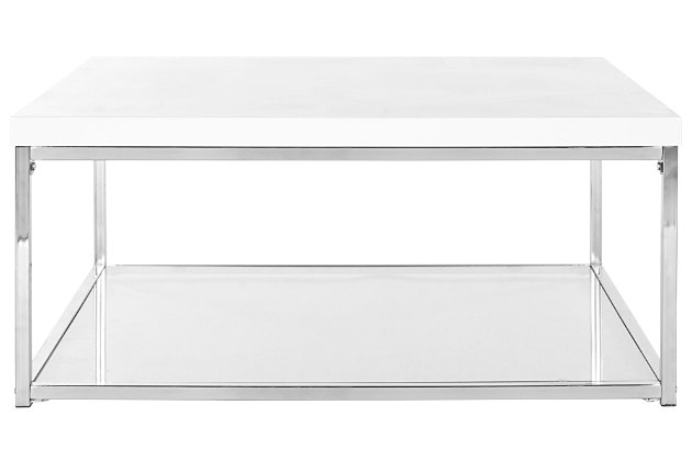 Take your love of minimalism to the max with the Malone coffee table. Its ultra-linear design merges a chrome-tone metal frame with a high-sheen lacquer look tabletop in white. The result: the ultimate designer piece for lovers of contemporary style.Made of iron with chrome-tone finish | Engineered wood tabletop with white lacquer look finish | Fixed clear glass shelf | Clean with a soft, dry cloth; spray small amount of glass cleaner onto lint-free cloth and wipe mirror/glass clean | Assembly required