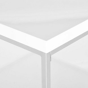 Take your love of minimalism to the max with the Malone coffee table. Its ultra-linear design merges a chrome-tone metal frame with a high-sheen lacquer look tabletop in white. The result: the ultimate designer piece for lovers of contemporary style.Made of iron with chrome-tone finish | Engineered wood tabletop with white lacquer look finish | Fixed clear glass shelf | Clean with a soft, dry cloth; spray amount of glass cleaner onto lint-free cloth and wipe mirror/glass clean | Assembly required