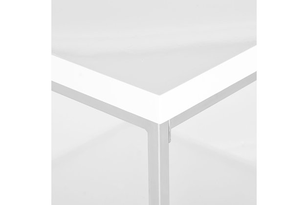 Take your love of minimalism to the max with the Malone coffee table. Its ultra-linear design merges a chrome-tone metal frame with a high-sheen lacquer look tabletop in white. The result: the ultimate designer piece for lovers of contemporary style.Made of iron with chrome-tone finish | Engineered wood tabletop with white lacquer look finish | Fixed clear glass shelf | Clean with a soft, dry cloth; spray small amount of glass cleaner onto lint-free cloth and wipe mirror/glass clean | Assembly required