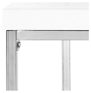 Take your love of minimalism to the max with the Malone coffee table. Its ultra-linear design merges a chrome-tone metal frame with a high-sheen lacquer look tabletop in white. The result: the ultimate designer piece for lovers of contemporary style.Made of iron with chrome-tone finish | Engineered wood tabletop with white lacquer look finish | Fixed clear glass shelf | Clean with a soft, dry cloth; spray amount of glass cleaner onto lint-free cloth and wipe mirror/glass clean | Assembly required